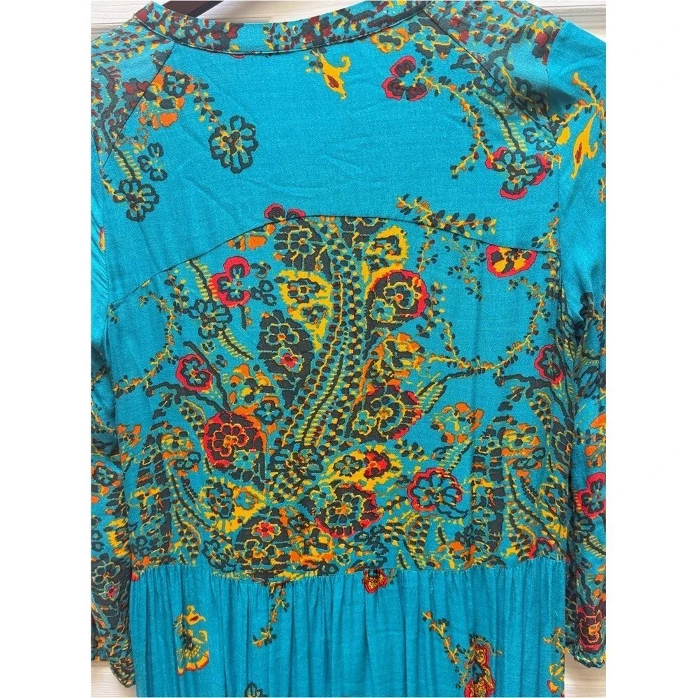 Free People If You Only Knew Blue Paisley Floral Boho‎ V-Neck Midi Dress Small